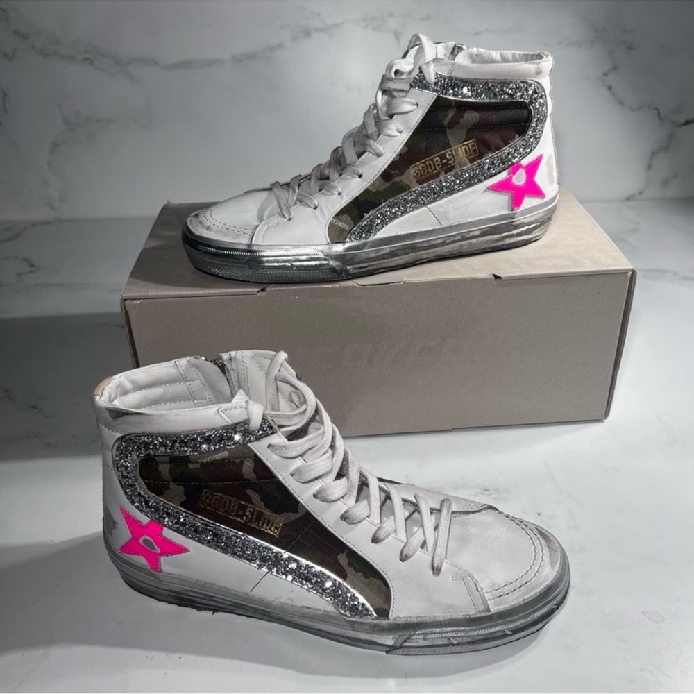 Golden Goose Slide White Green Camouflage Silver Pink Athletic High Top Sneakers - Picture 3 of 14